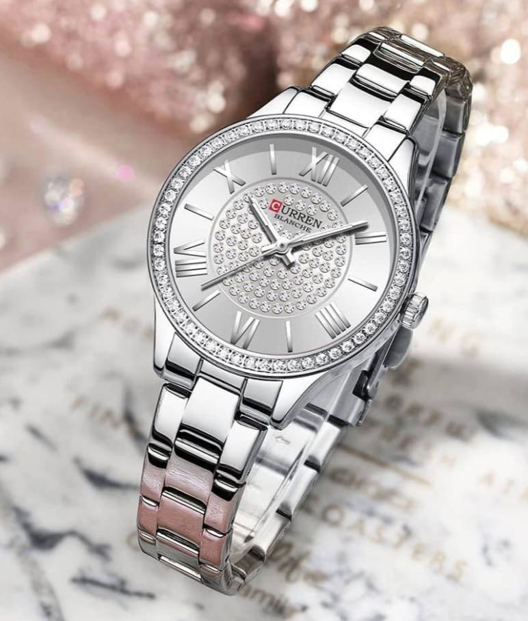 Curren Women’s Silver Watch – Crystal Dial & Bezel