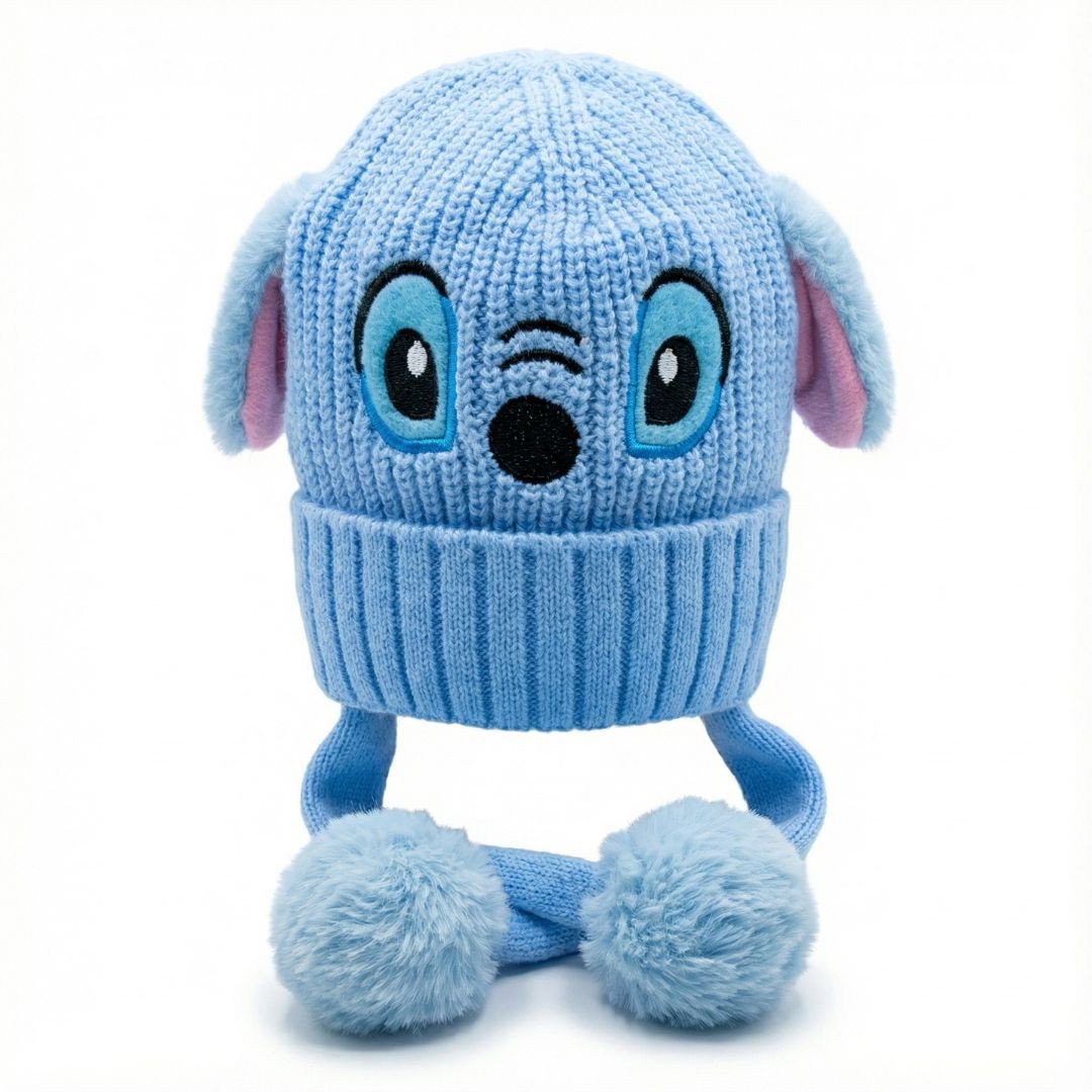 Kids Winter Knitted Hat – Blue Puppy Design
