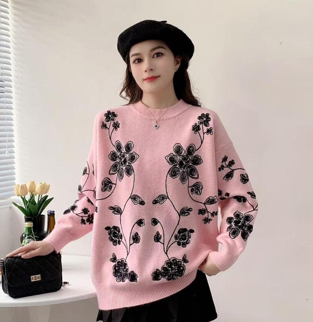 Floral Embroidered Knit Sweater – Pink